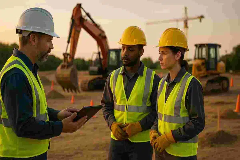 Trainees learning excavator and bulldozer controls at a certified US heavy-equipment training yard, instructor reviewing OSHA/NCCER checklists.
