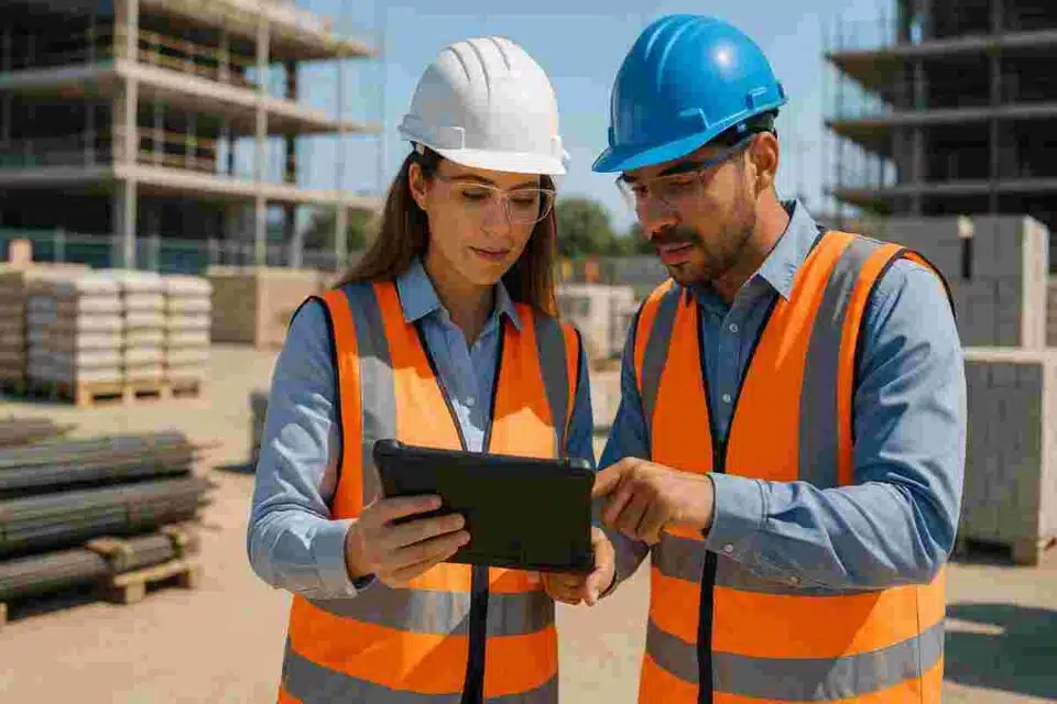 Project manager and site engineer reviewing construction material specifications on a tablet at a modern building site.
