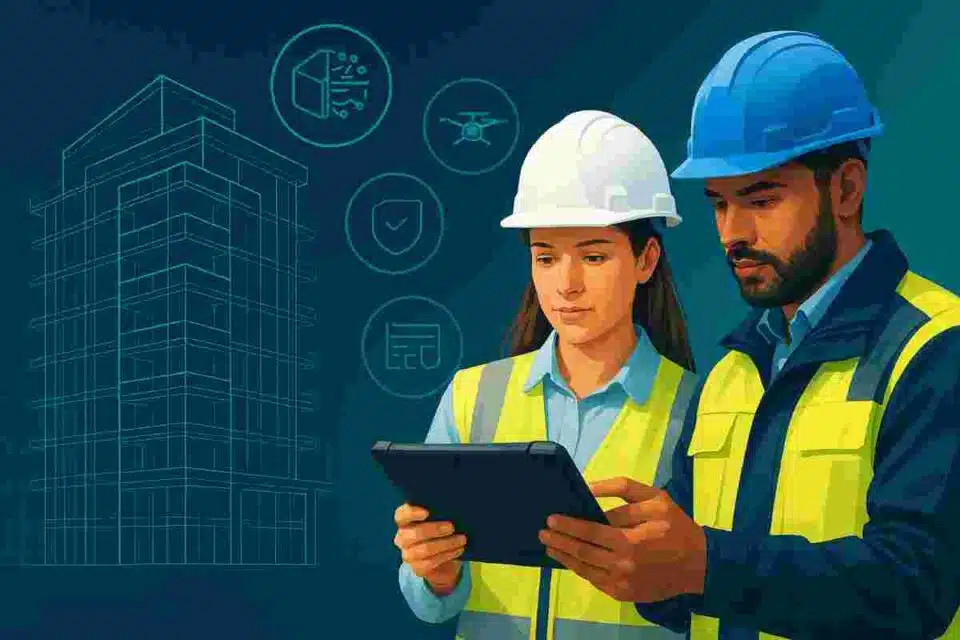 female and male engineers reviewing a tablet on a modern construction site with bim and ai overlays