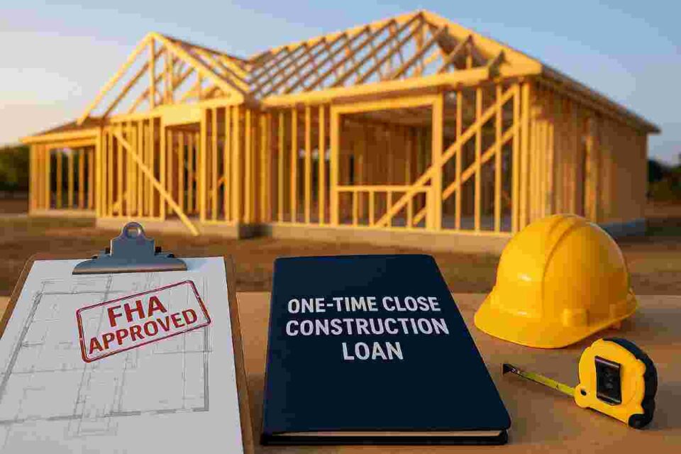 FHA construction to permanent loan process showing new home framing stage with approved building plans and single closing document illustrating one-time close advantage