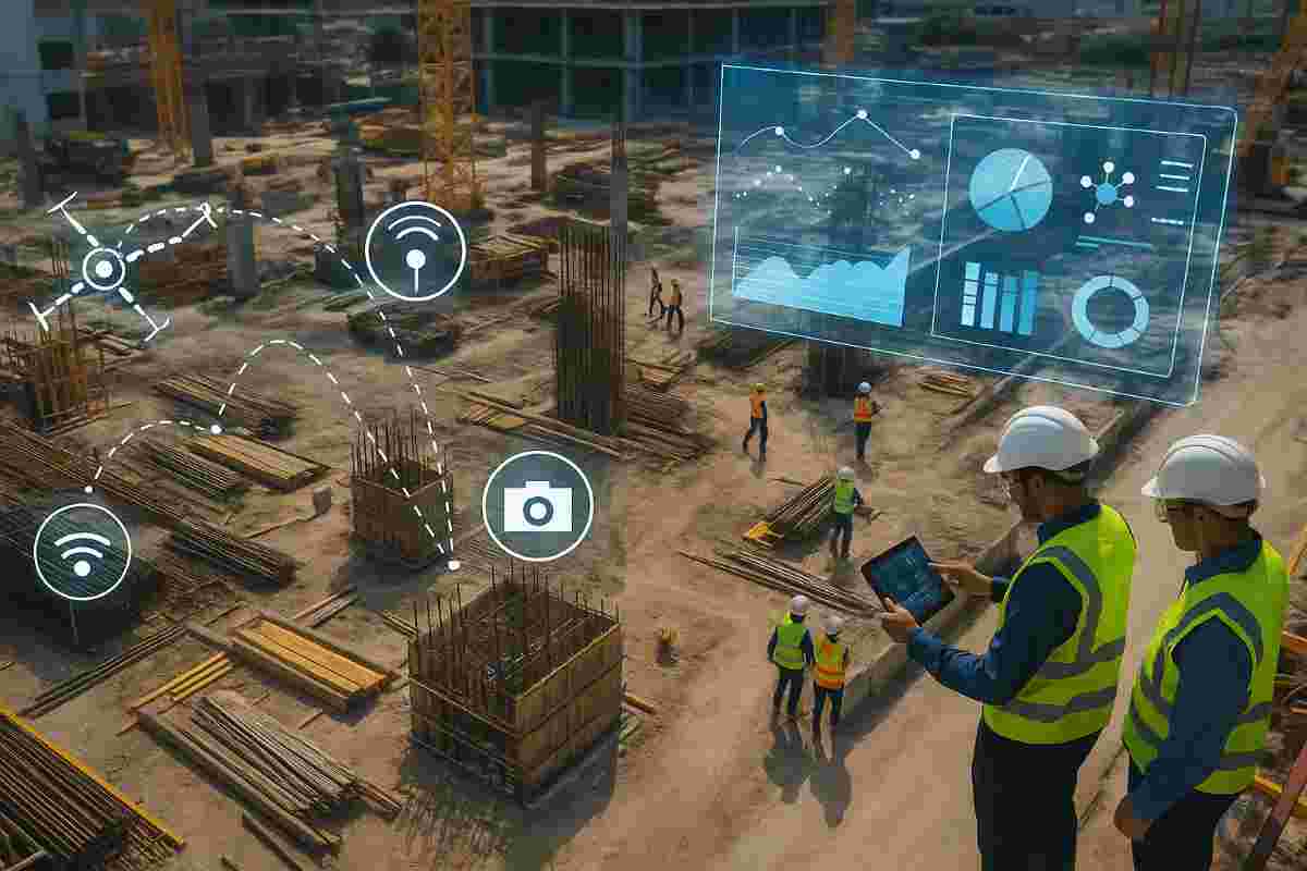 Aerial view of a construction site with IoT sensor overlays, drone flight paths, reality capture points, and workers in smart helmets using tablets, connected to a central command dashboard.