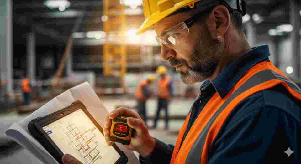 Construction worker using a tablet on a job site.