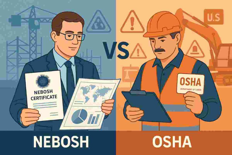 Split-screen infographic showing NEBOSH safety manager with global compliance charts and OSHA supervisor inspecting U.S. construction site