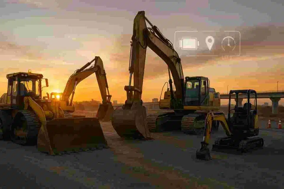 Modern lineup of excavators, dozers, and wheel loaders on a U.S. highway job at sunset, with subtle electric and telematics UI overlays.