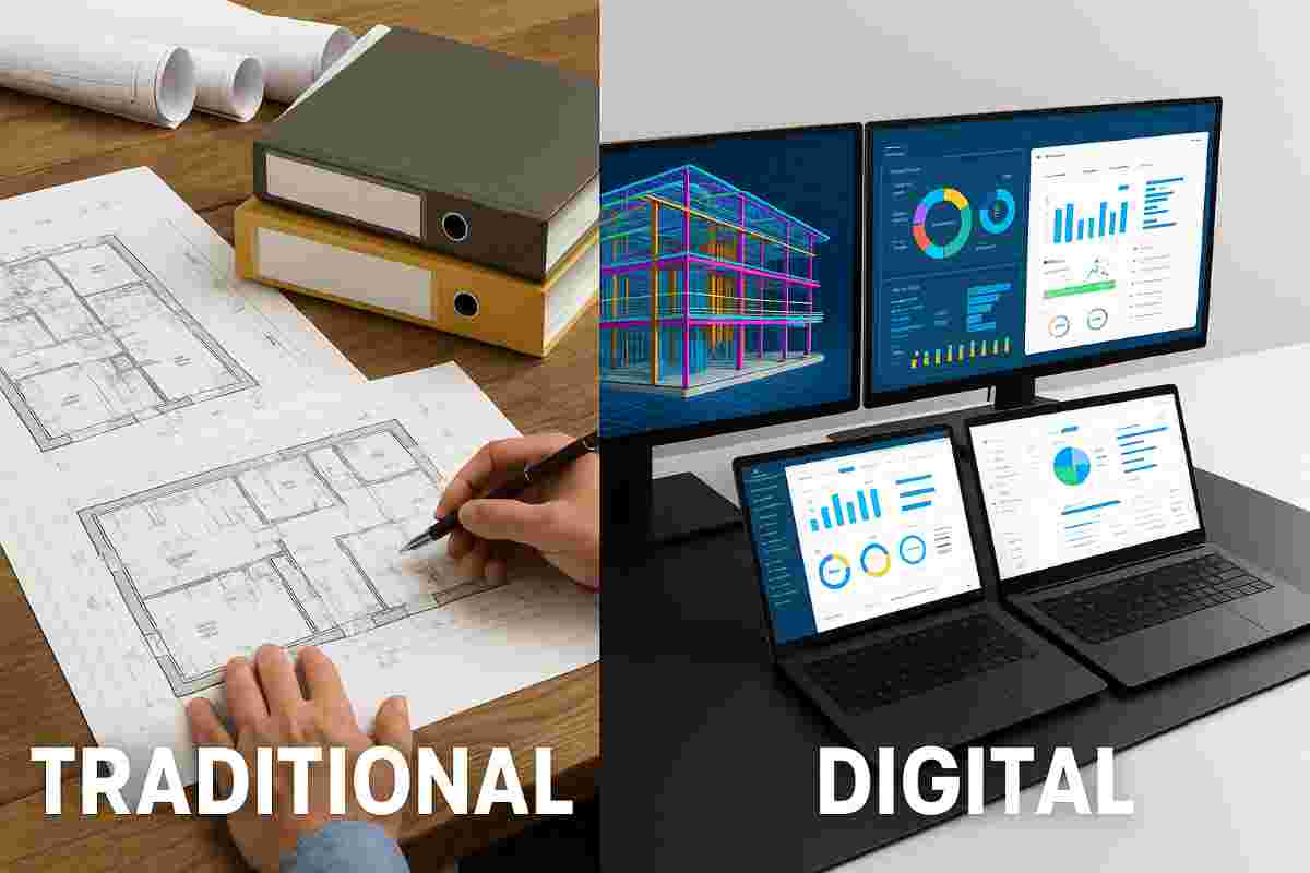 Split-screen image comparing traditional paper-based construction management with blueprints and binders on the left, versus modern digital management with BIM models and dashboards on monitors on the right.