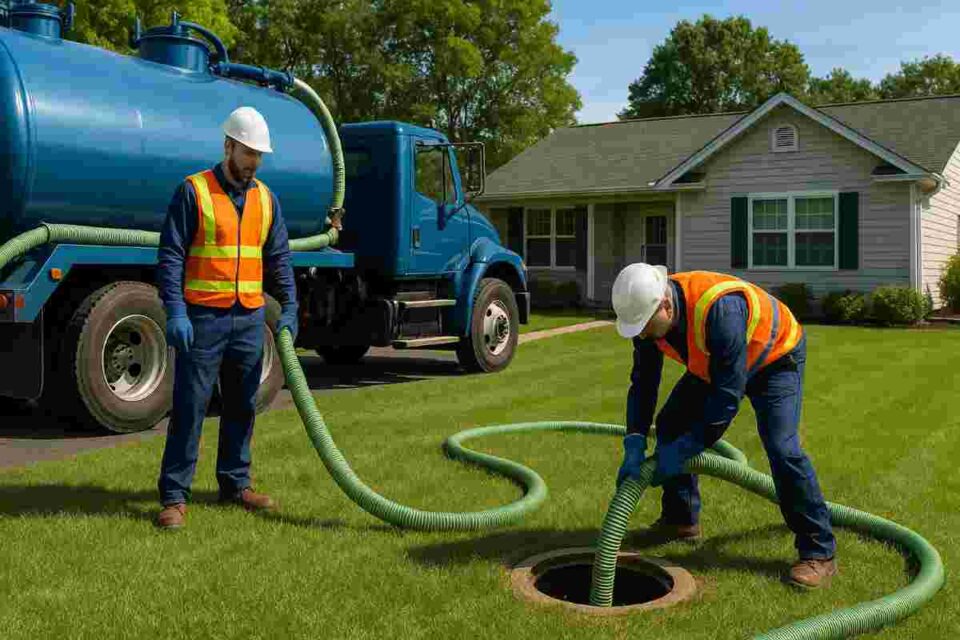 Septic tank service truck and crew working on a residential septic system in Oneida.