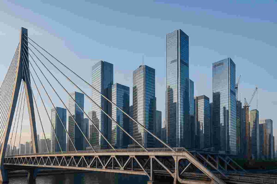 Modern steel bridge and skyscrapers showcasing strength and innovation in infrastructure
