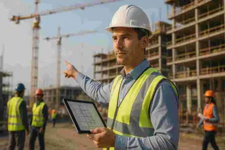 Confident construction manager in hard hat and hi-vis vest using a tablet and pointing at active jobsite with cranes