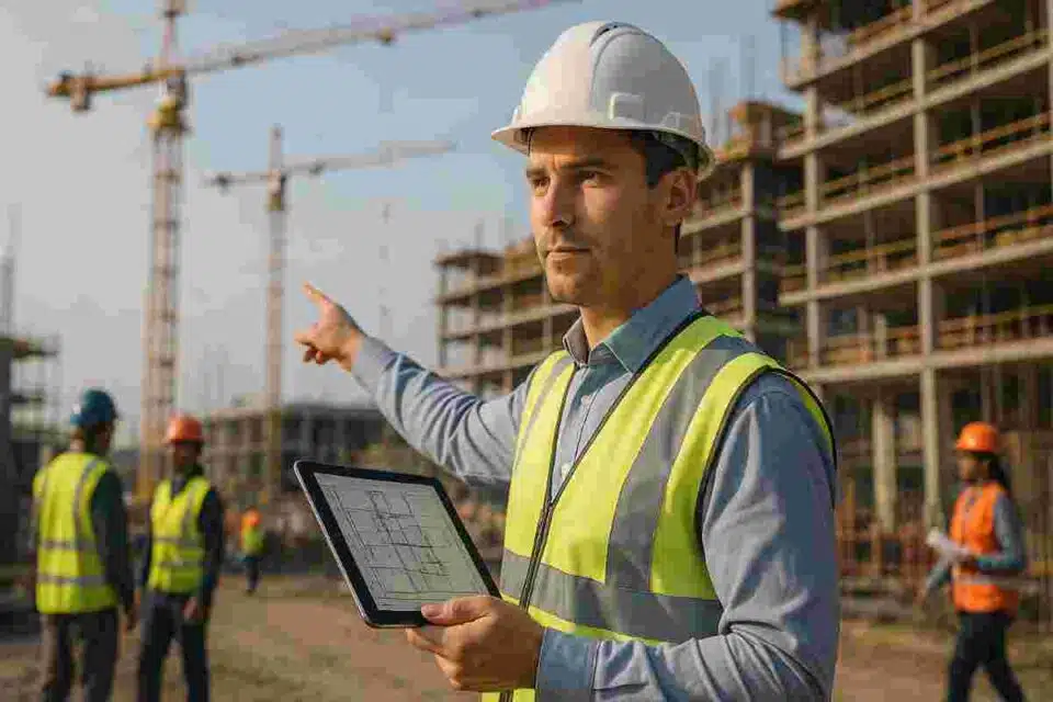 Confident construction manager in hard hat and hi-vis vest using a tablet and pointing at active jobsite with cranes