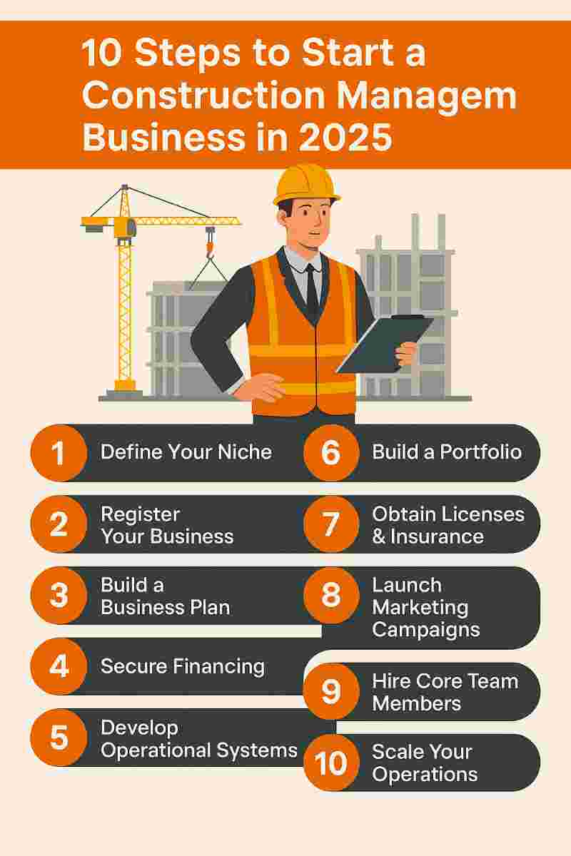 Infographic showing 10 clear steps to start a construction management business in 2025, featuring a professional engineer with a crane and building background.