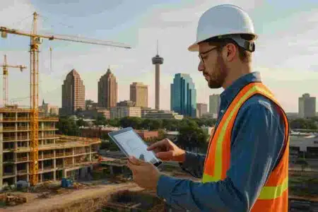 Professional construction manager in safety vest reviewing blueprints on a tablet at a San Antonio construction site with cranes and skyline.