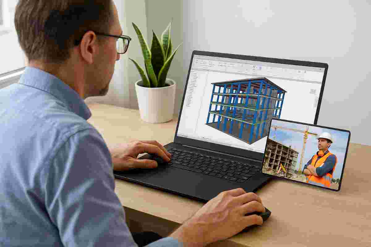 A manager working on a laptop from home with a BIM model on screen + a small inset of a construction site on video call.