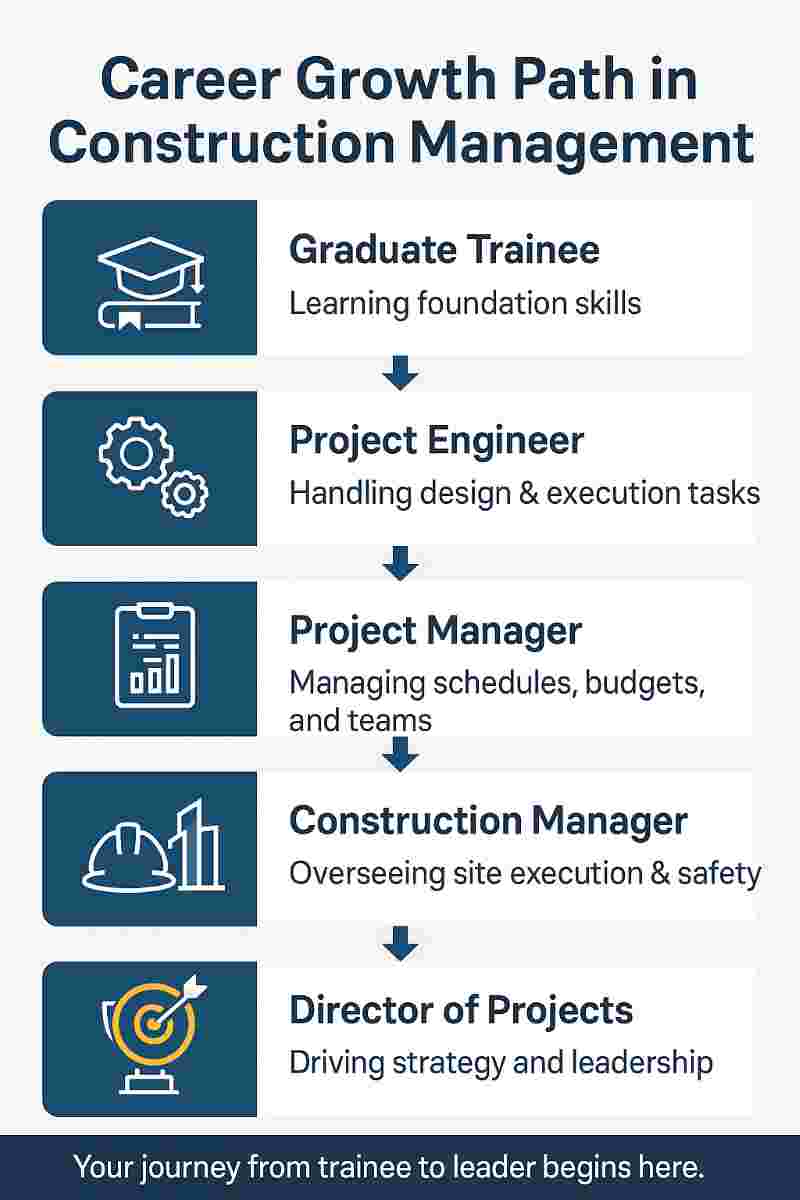 Infographic showing career progression in construction management from Graduate Trainee to Director of Projects with icons and short role descriptions.