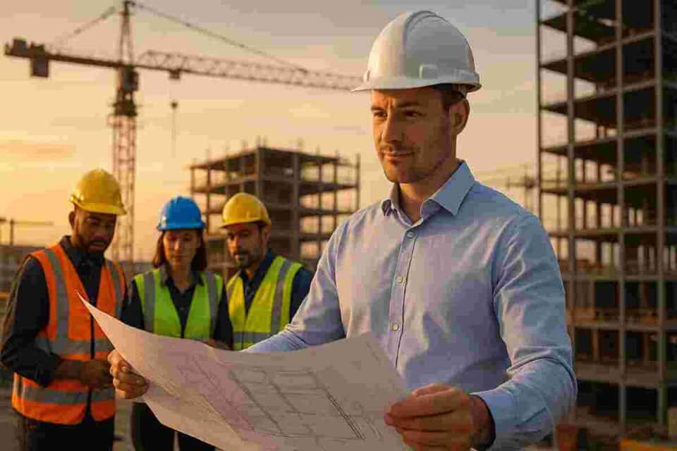 Professional contractor team reviewing blueprints on a construction site with cranes and safety helmets, symbolizing trust and expertise.