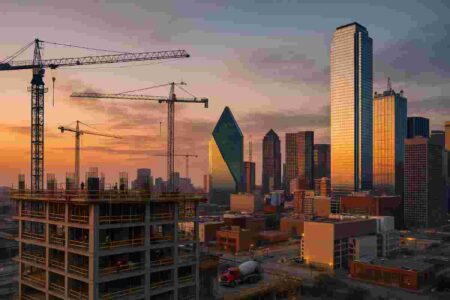Dallas skyline with construction cranes over active downtown site