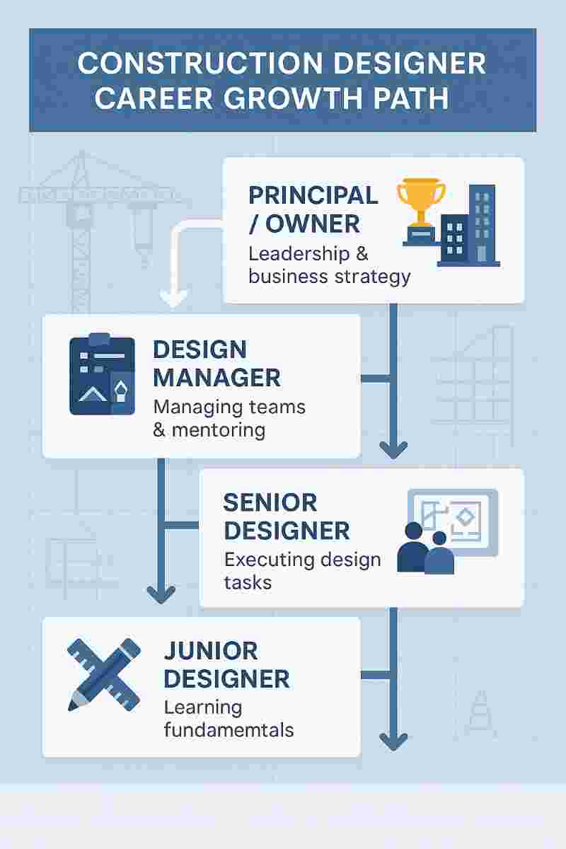 Ladder-style infographic showing the career path for construction designers: Junior Designer → Designer → Senior Designer → Design Manager → Principal/Owner, with icons and brief role descriptions.