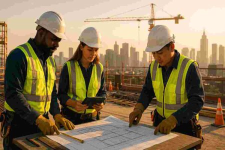 Three diverse construction workers wearing hard hats, safety vests, and gloves collaborating over blueprints on a construction site with a city skyline and crane in the background at golden hour.