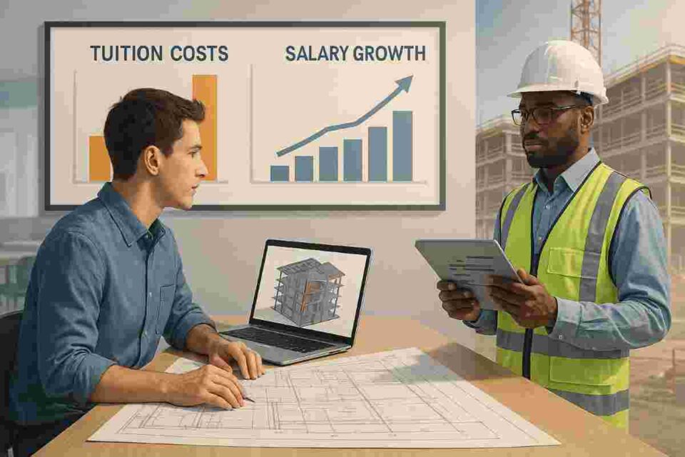 Student comparing online and campus degree options for construction management with salary and career path charts in the background.