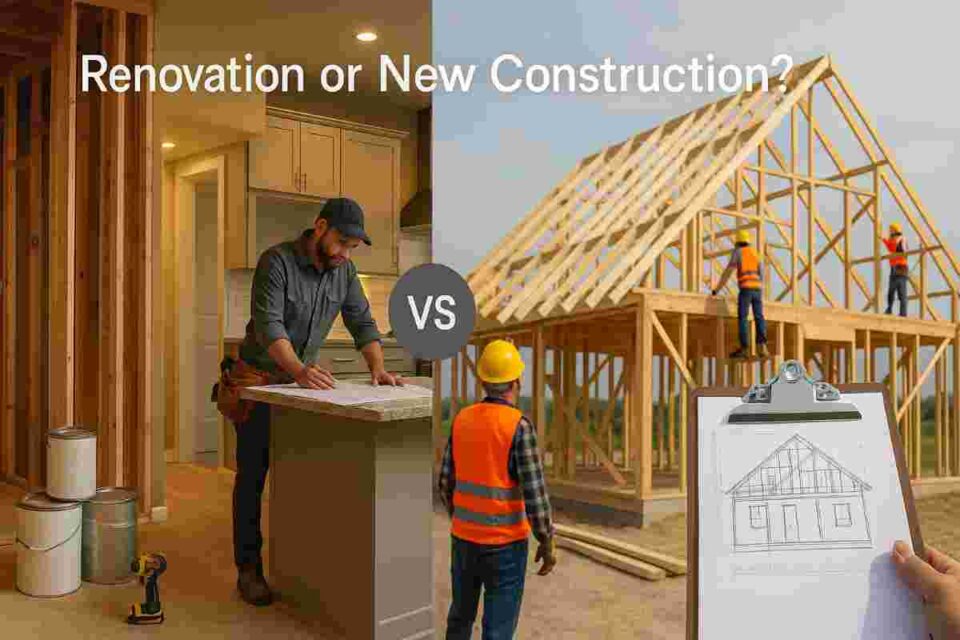 Split view comparison showing home renovation construction on left and new home construction on right with blueprints and tools