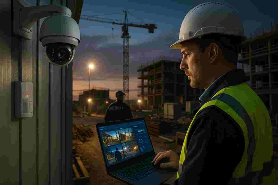 Construction business implementing theft prevention measures with security cameras and trained staff.