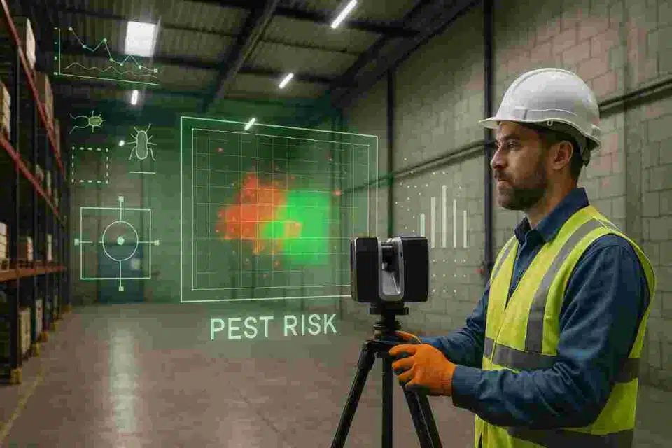 Warehouse measured building survey identifying pest risks using laser scanning equipment.
