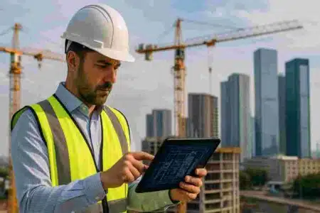 construction manager 2025 reviewing BIM plans on a tablet at a project site