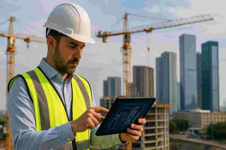 construction manager 2025 reviewing BIM plans on a tablet at a project site