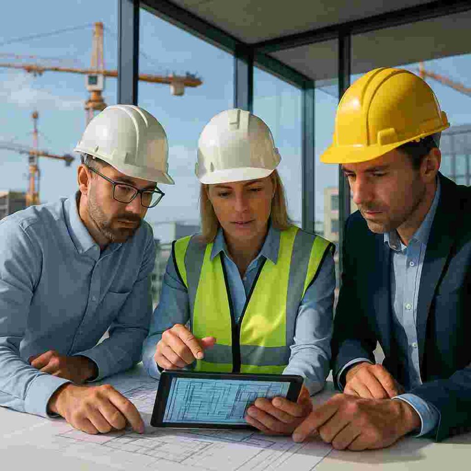Construction management professionals planning site operations using digital project dashboards.