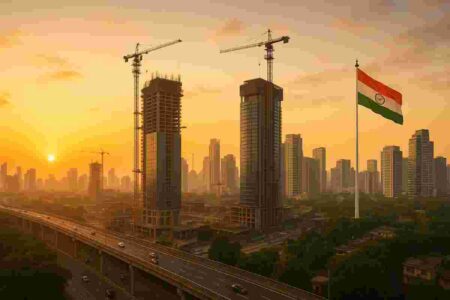 Panoramic view of modern Indian city skyline with skyscrapers, cranes, and the national flag at golden hour.