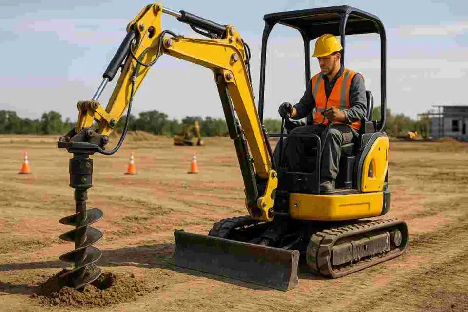 operator mastering auger mini excavator on construction site