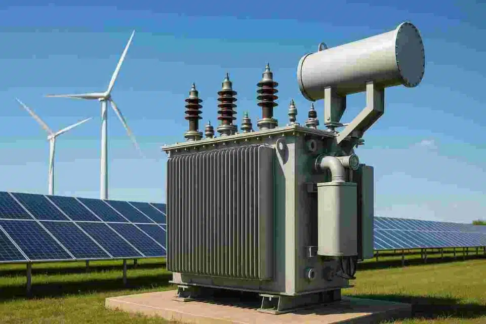 Photo of a large renewable energy transformer near solar panels and wind turbines, representing sustainable power infrastructure.