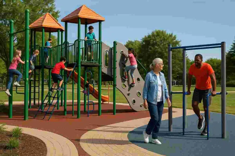 Inclusive multigenerational playground design with children, adults, and seniors playing together