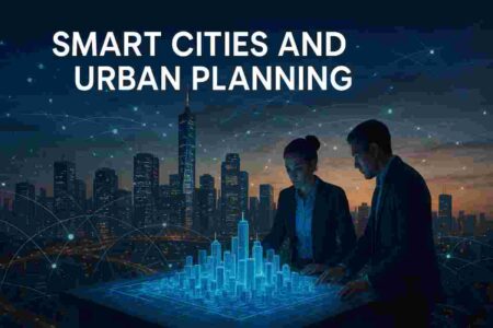 Engineers analyzing a futuristic city skyline powered by smart grids, IoT sensors, and connected mobility systems.