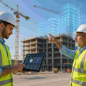 Modern construction site with engineers using tablets and laptops showing BIM dashboards, symbolizing digital transformation in construction management.