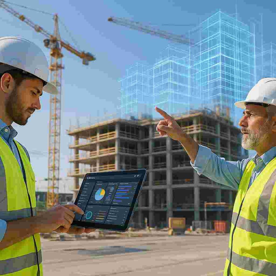 Modern construction site with engineers using tablets and laptops showing BIM dashboards, symbolizing digital transformation in construction management.