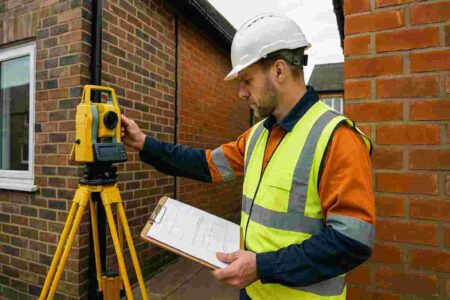 Party Wall Surveyor inspecting property boundary during UK construction project