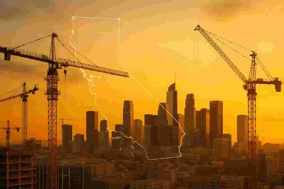 California construction skyline with cranes and skyscrapers at sunset representing the state’s thriving 2025 construction industry