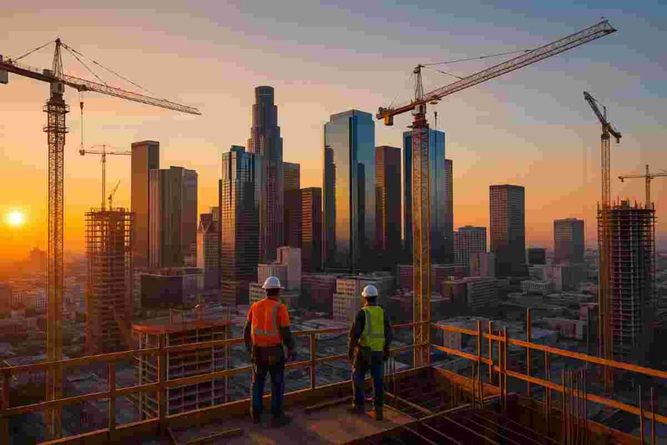 Modern Los Angeles skyline with cranes and high-rise buildings under construction at sunset