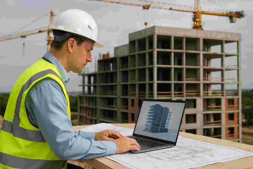 Construction designer reviewing building plans and a 3D BIM model on a laptop at a jobsite