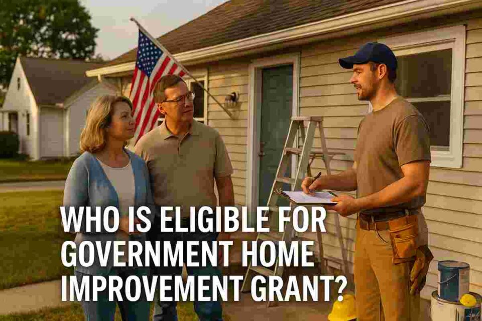 Homeowners discussing renovation plans with contractor after qualifying for government home improvement grant 2025.