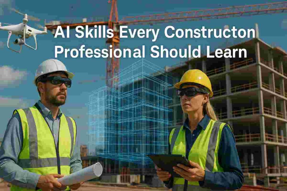 Construction site with drone, BIM model overlay and engineers using AI-driven analytics