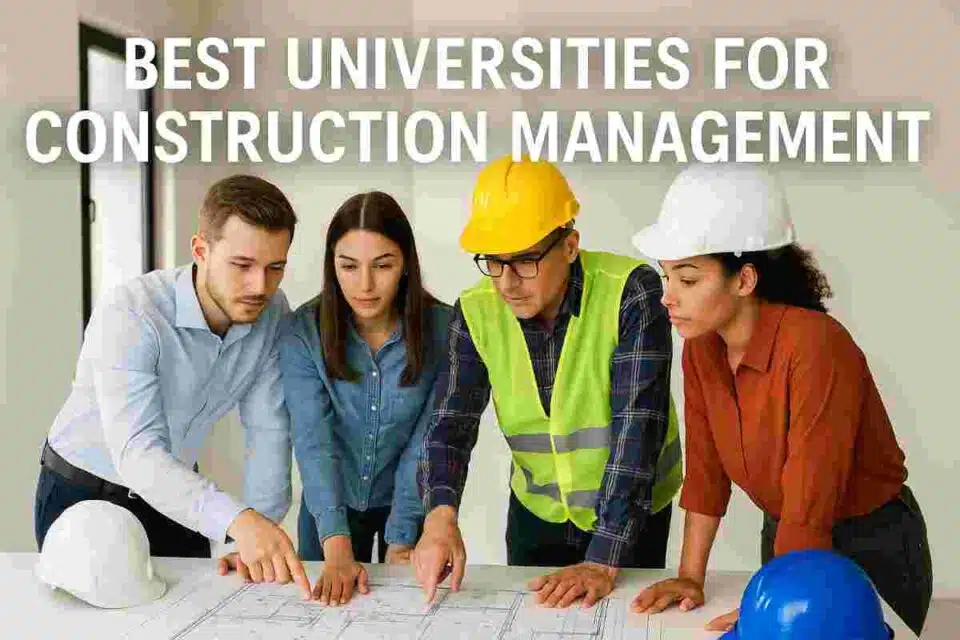 University students studying construction blueprints together in a classroom with hard hats, representing top construction management programs in the USA.