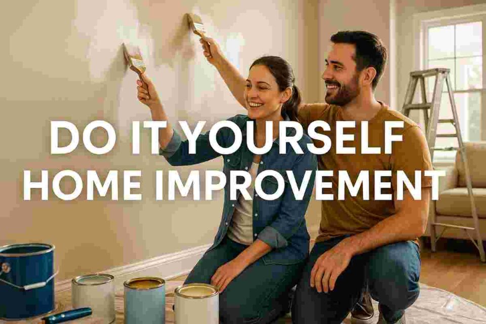 Couple painting living room together during DIY home improvement project