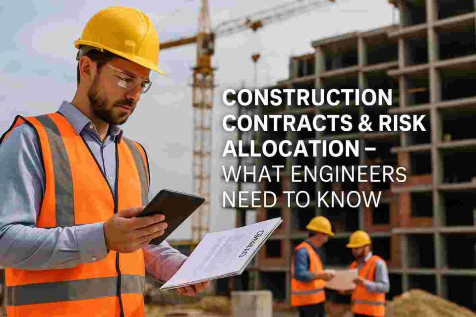 engineer reviewing construction contract documents on site