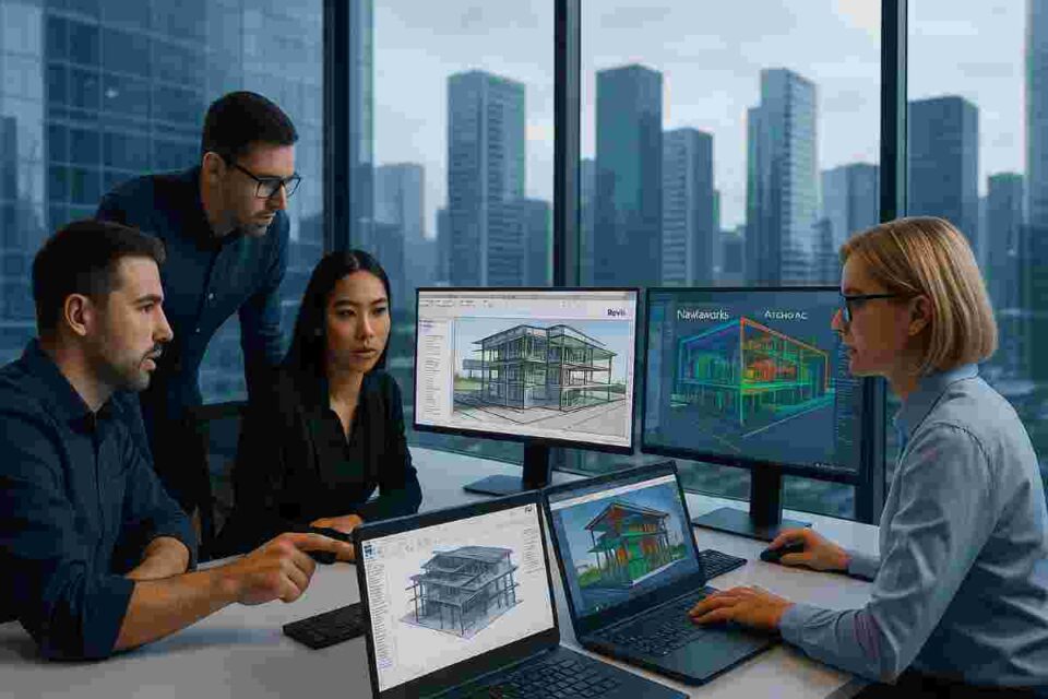BIM professionals collaborating on Revit, Navisworks, and ArchiCAD in a modern studio