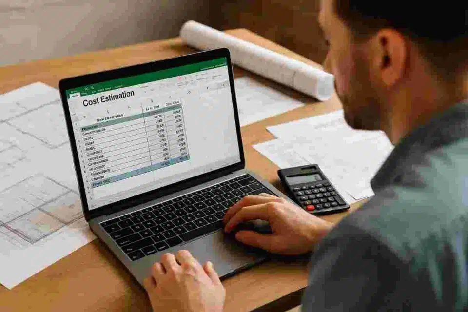 Civil engineer working on construction cost estimation using Excel spreadsheets.