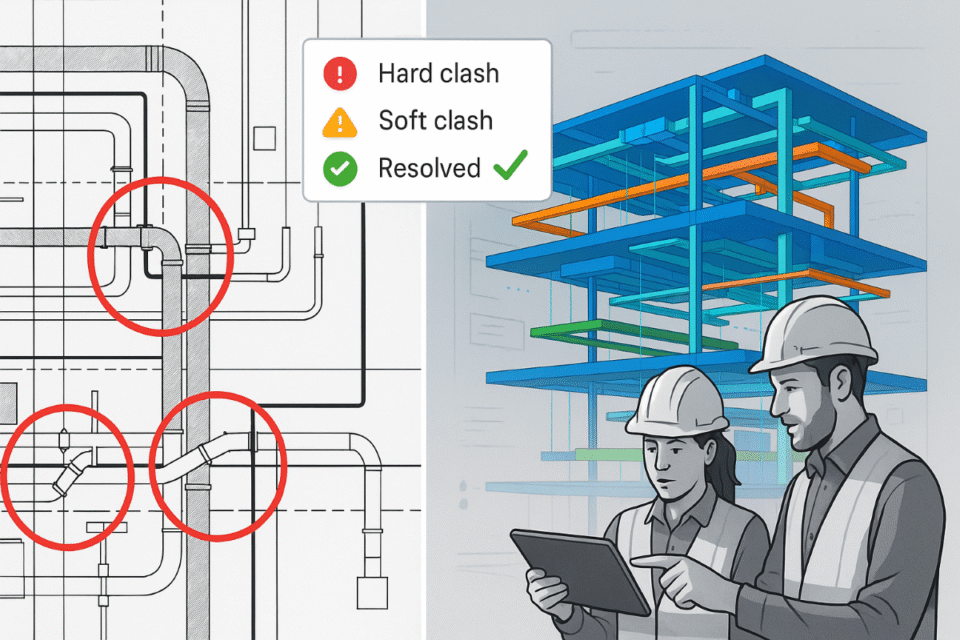 Split-screen image comparing a 2D MEP drawing with red clash circles on the left and a colorful 3D BIM model on the right, with engineers using tablets to resolve conflicts digitally.