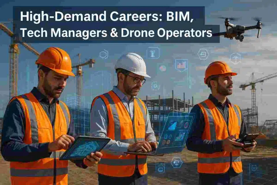 BIM specialists, construction technology managers, and drone operators working with digital models, drones, and smart tools on a modern construction site.