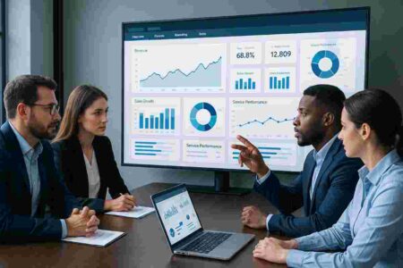 business team analyzing digital dashboard for service performance tracking