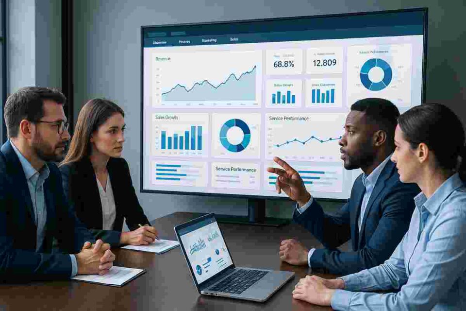 business team analyzing digital dashboard for service performance tracking